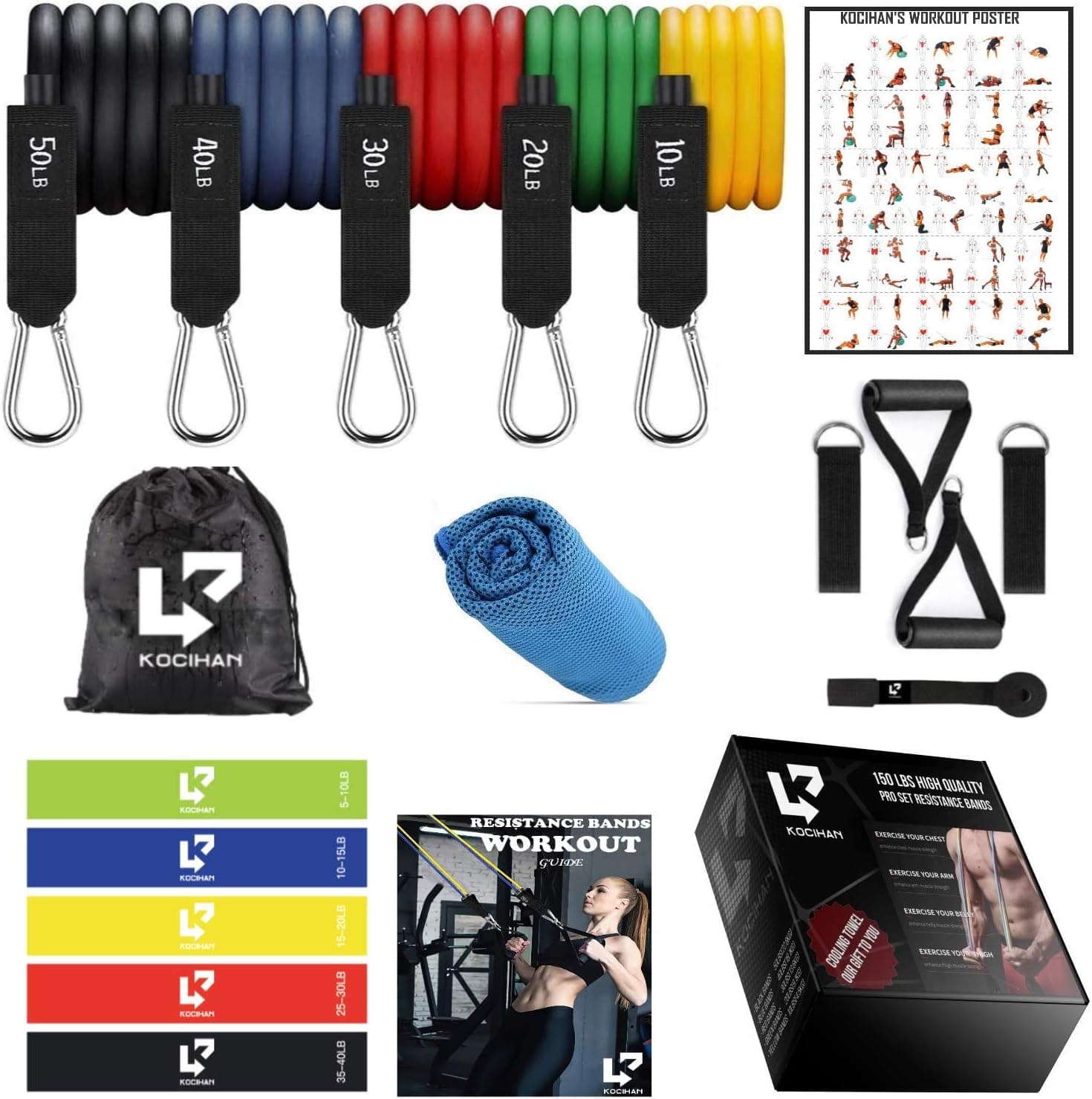KOCIHAN Resistance Bands Set (19pcs) with Gift Cooling Towel-Exercise Bands for Home Gym Equipment-Handles and Ankle Straps-Adjustable Weights UP to 150LBS-Fitness Workout Band with Door Anchor