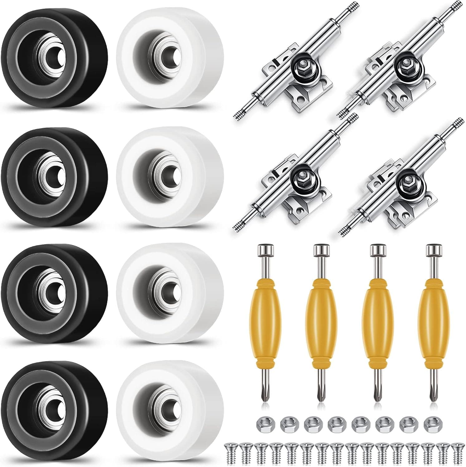 16 Pcs Standard Fingerboard Tool Set CNC Lathed Fingerboard Bearing Wheels Nut Driver Fingerboard Screwdriver for 34 mm Skateboard Trucks (Black and White)