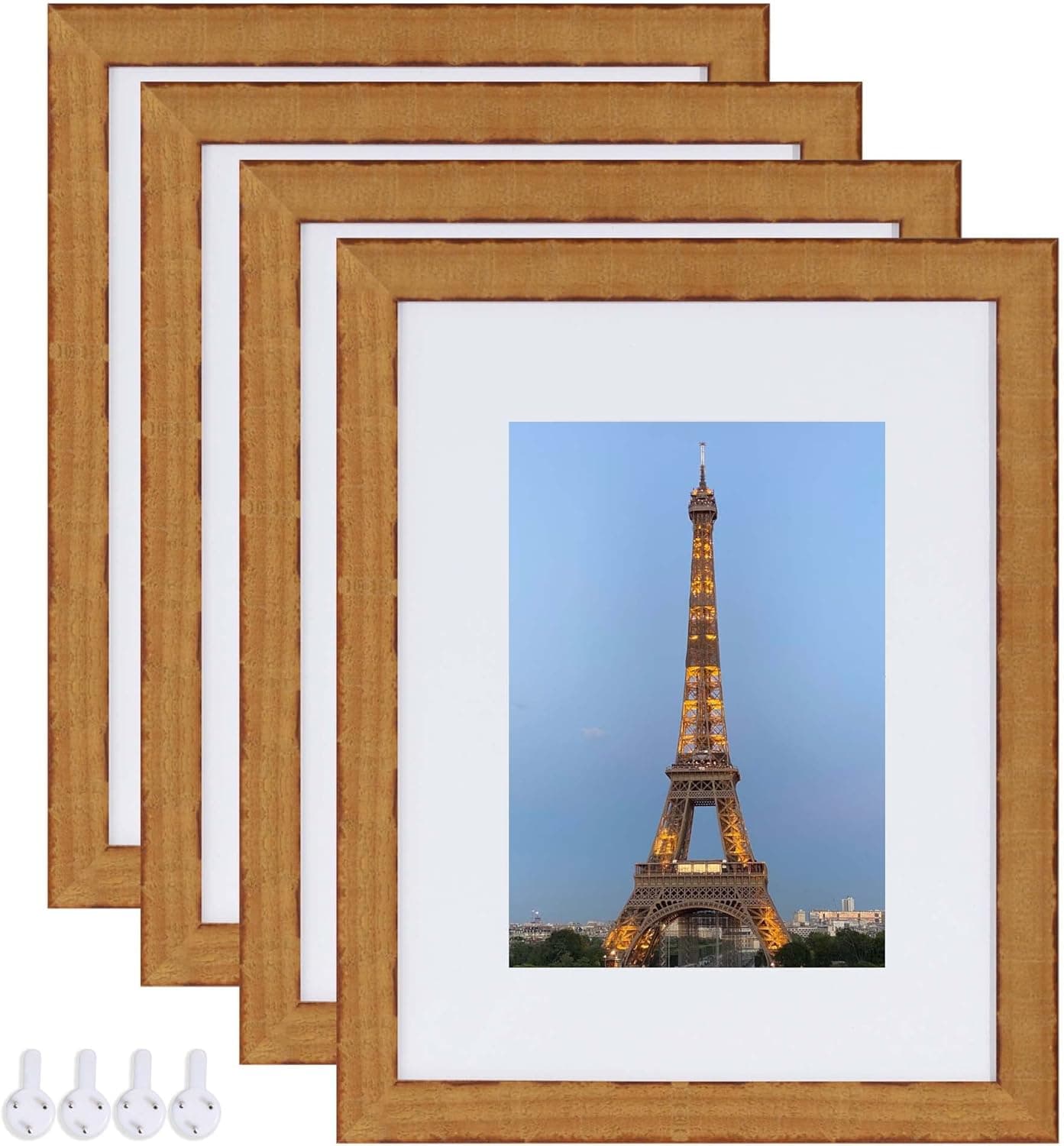 Hongkee 8x10 Picture Frame Rustic Brown Made of Solid Wood and Real Glass, Display Pictures 5x7 with Mat or 8x10 Frame Without Mat, Photo Frames Collage for Wall or Tabletop, 4 Pack