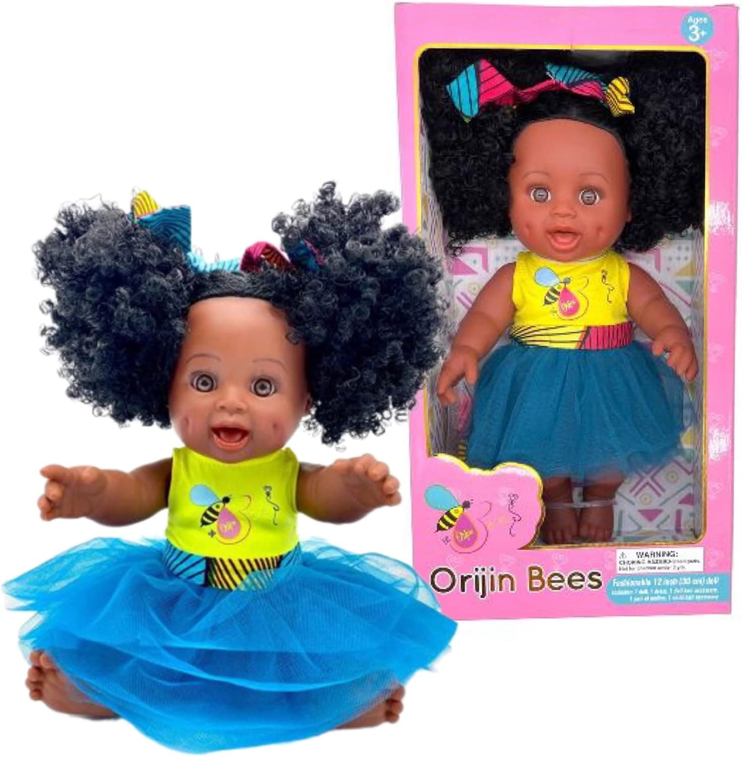 Sugar Puff Bee - African American Black Latino Hispanic Mixed Race Multicultural Curly Natural Black Hair 12 inch Baby Doll
