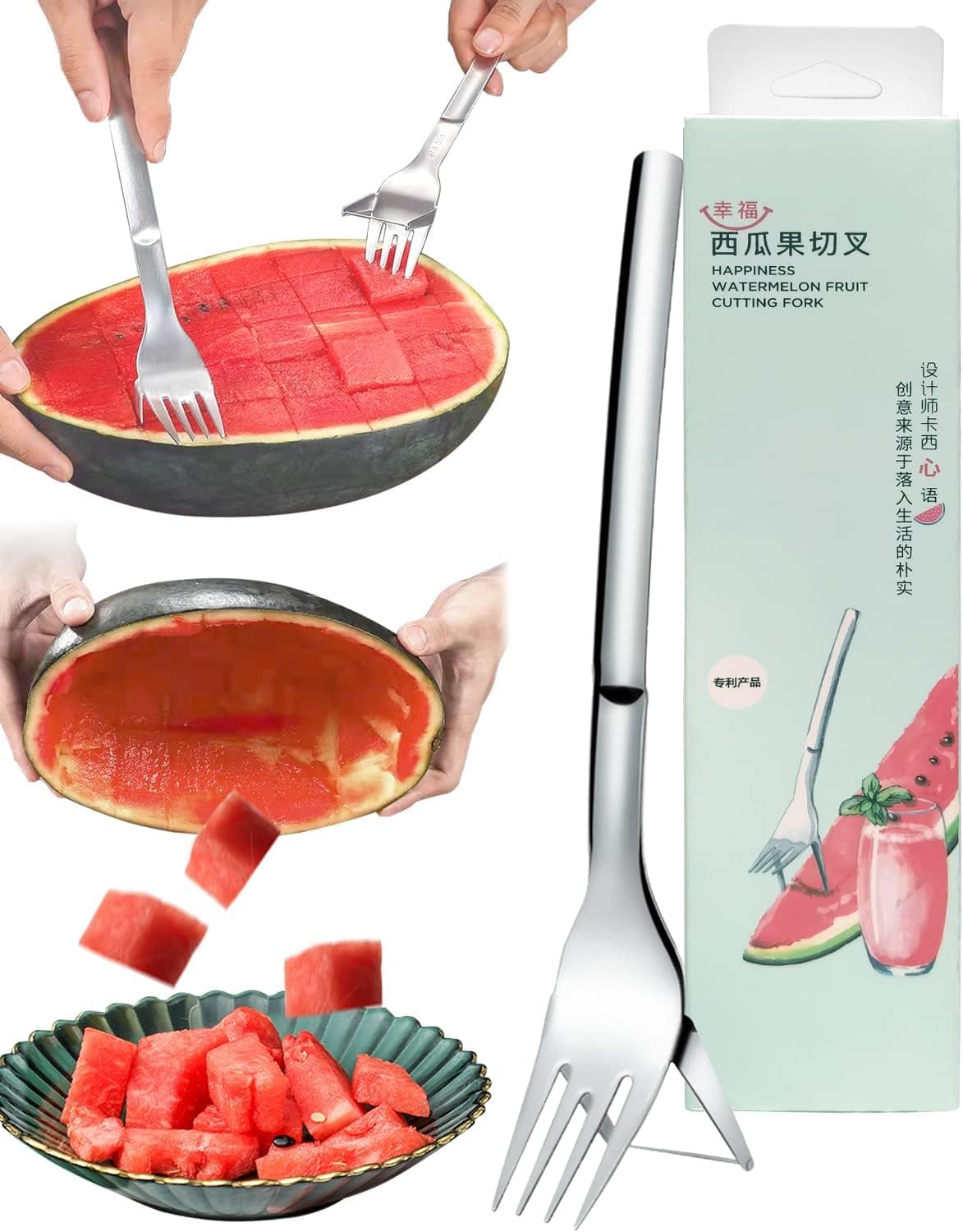 Watermelon Slicer Cutter, 2-in-1 Watermelon Fork Slicer, Stainless Steel Cutting Fork Artifact, Fruit Watermelon Carving and Cutting for Home Party (1)
