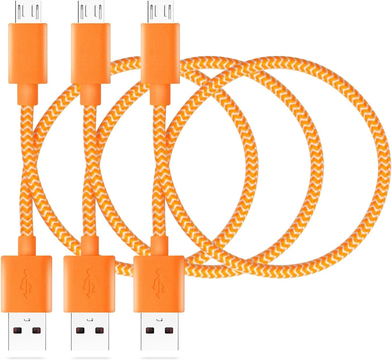 iSeeker Bundle of 3 Durable 1ft/30cm Nylon Braided Tangle-Free Micro USB Cable for Android, Samsung, HTC, Motorola, Nokia and More (1ft-Orange)