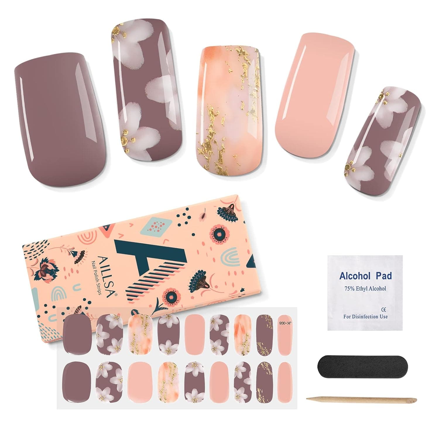 AILLSA Semi Cured Gel Nail Strips, Moonlight Flower Gel Nail Strips, Gel Nail Stickers Full Nail Wraps, Long Lasting,Safe & Easy to Use, Gel Nail Polish Strips for Women 20pcs