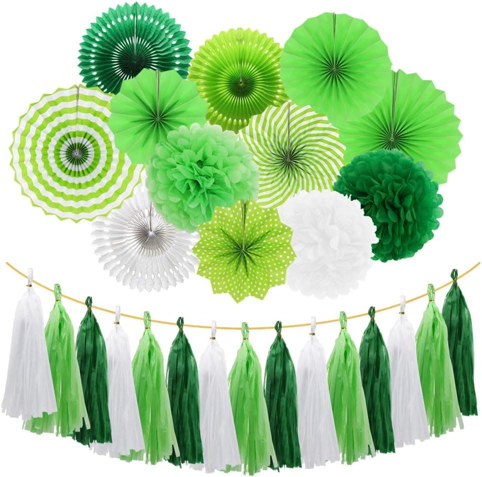 Meiduo Green Party Decorations Hanging Paper Fans Pom Poms Flowers Tissue Tassel Garland for Graduation St. Patrick's Day Decoration Tropical Hawaiian Party