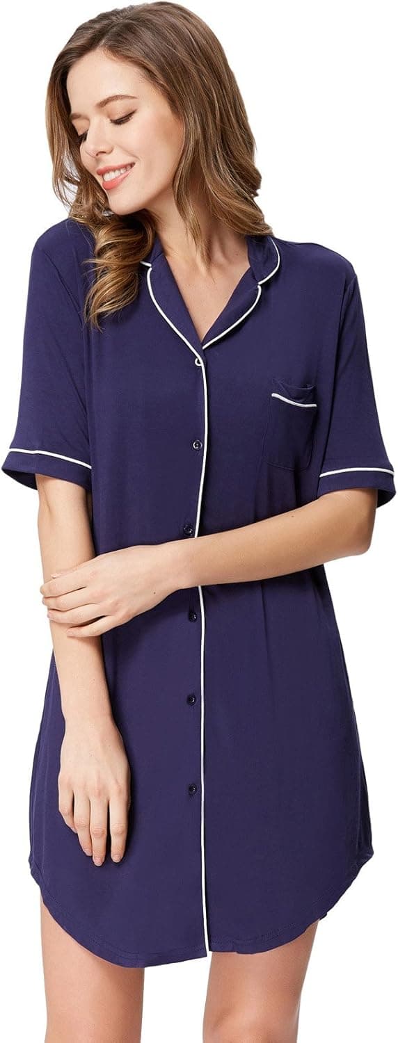Navy Blue Pyjama Button Top for Ladies Knit Nightgown Cozy Sleepwear M