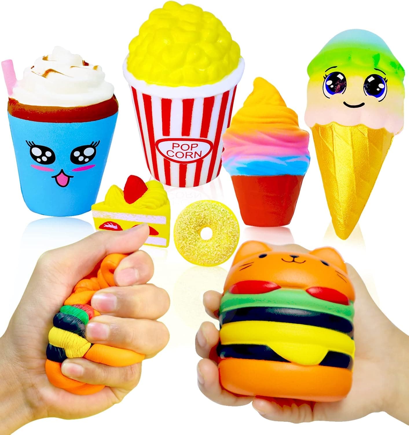 Squishies, 7 Pcs Jumbo Slow Rising Squishy Toys Hamburger, Cake, Popcorn, Donuts, Ice Cream Set for Kids Party Favors, Kawaii Squishys Stress Relief Squeeze Toys, Squishys Fidget Toys for Adults