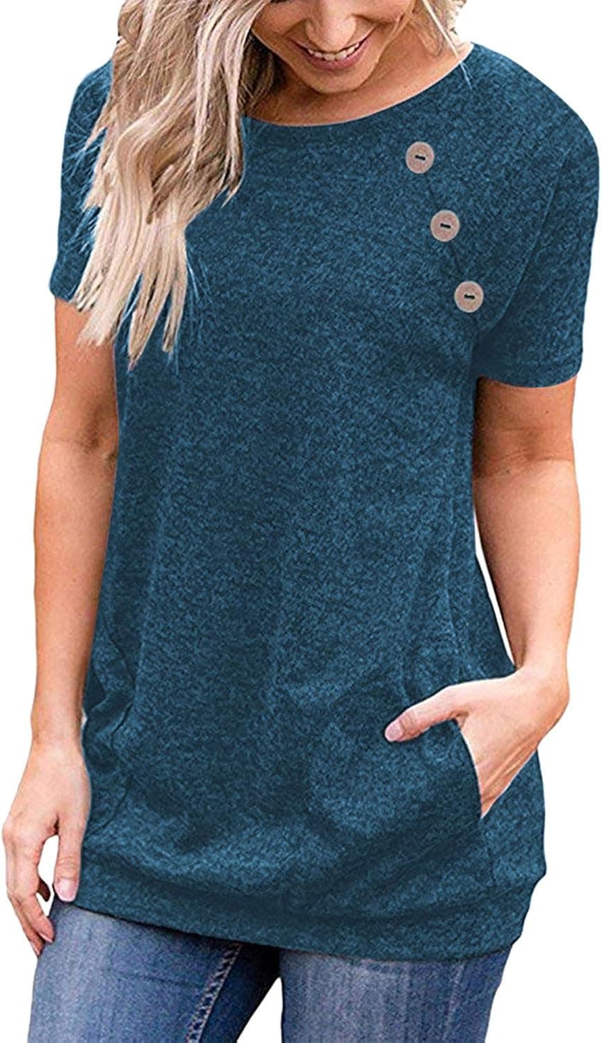 PinUp Angel Women's Casual Short Sleeve Button T-Shirt Tunic Top Solid Blouse Pockets