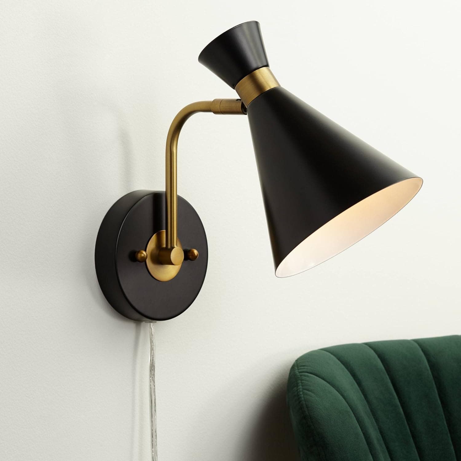 360 Lighting Venice Mid Century Modern Adjustable Wall Lamp Matte Black Antique Brass Plug-in Light Fixture Metal Cone Shade for Bedroom Bedside House Reading Living Room Home Hallway Dining