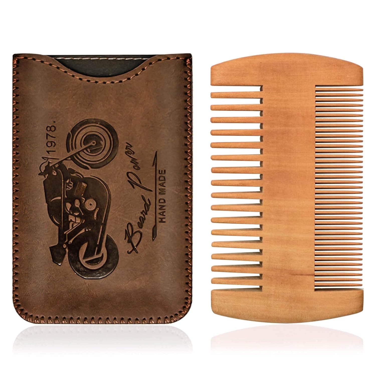 Beard Power Wooden Beard Comb & Durable Case for Men with Sexy Beard, Fine & Coarse Teeth, Pocket Comb for Beards & Mustaches (motorcycle brown)
