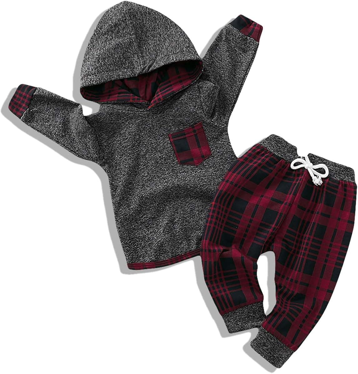 Toddler Infant Baby Boy Clothes Outfit Plaid Long Sleeve Hoodie Sweatshirt Pants Fall Winter Clothes Set for Baby Boy