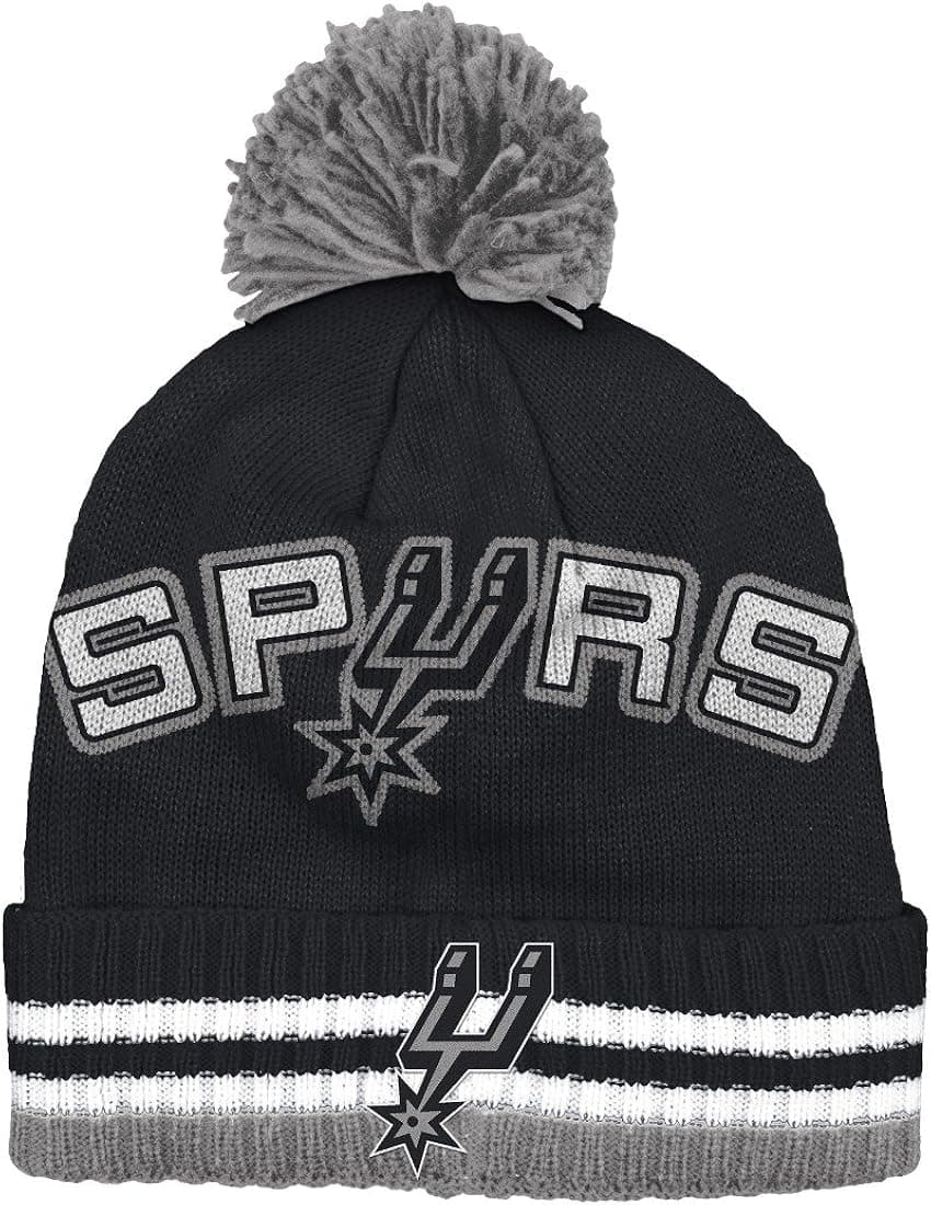 adidas San Antonio Spurs Bold Wordmark Striped Cuff Pom Knit Beanie Hat/Cap