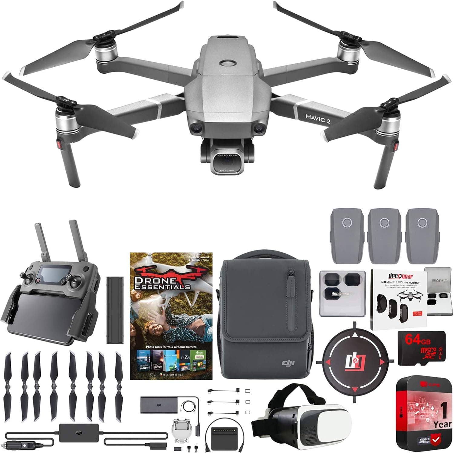 DJI Mavic 2 Pro Drone with Hasselblad Camera Fly More Essential Bundle with 3 Batteries, Case, Battery Hub, Car Charger, Propellers, Filter Kit, VR Goggles, 64GB SDXC Card & 1 YR CPS Protection Pack