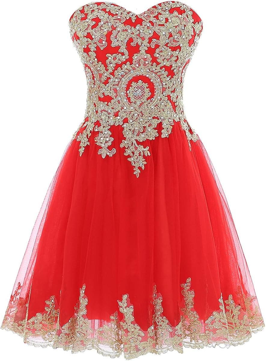 Himoda Women's Sweetheart Gold Lace Homecoming Dresses s Prom Gowns Short H08