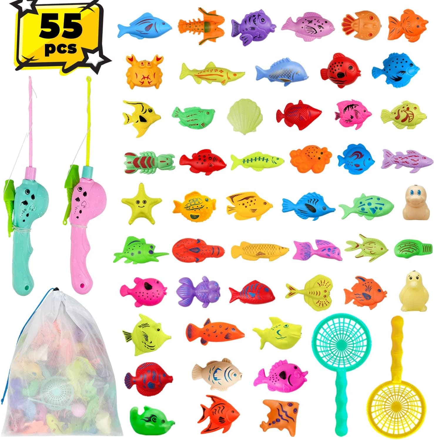Boopel Magnetic Fishing Toys, Water Pool Games for Kids,Bathtub Bath Game Set for Toddlers with 50 Fish 2 Fishing Rod and 2 Nets Pool Fishing Game for Boys Girls Age 3 4 5 6 7 8