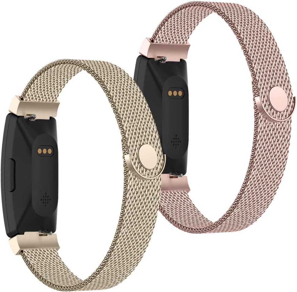 POY Compatible with Fitbit Inspire Hr Bands, Stainless Steel Replacement for Fitbit Inspire and Ace 2 Metal Loop Bracelet Sweatproof Wristbands for Women Men 2 Packs Champagne Rosepink Small