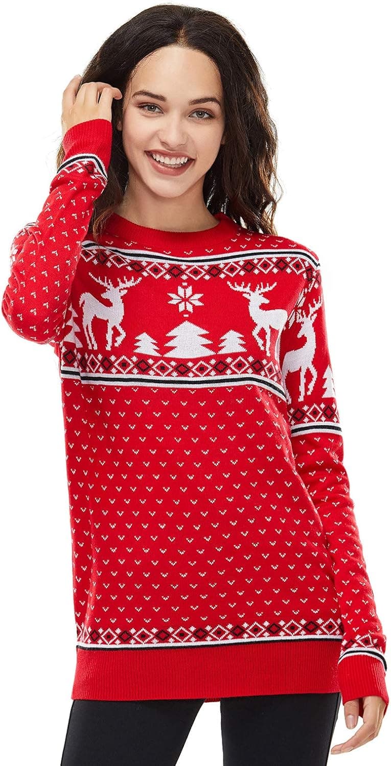 Unisex Men's Ugly Christmas Sweater Knitted Classic Reindeer Snowflakes Fair Isle Funny Pullover for Men Red, X-Large