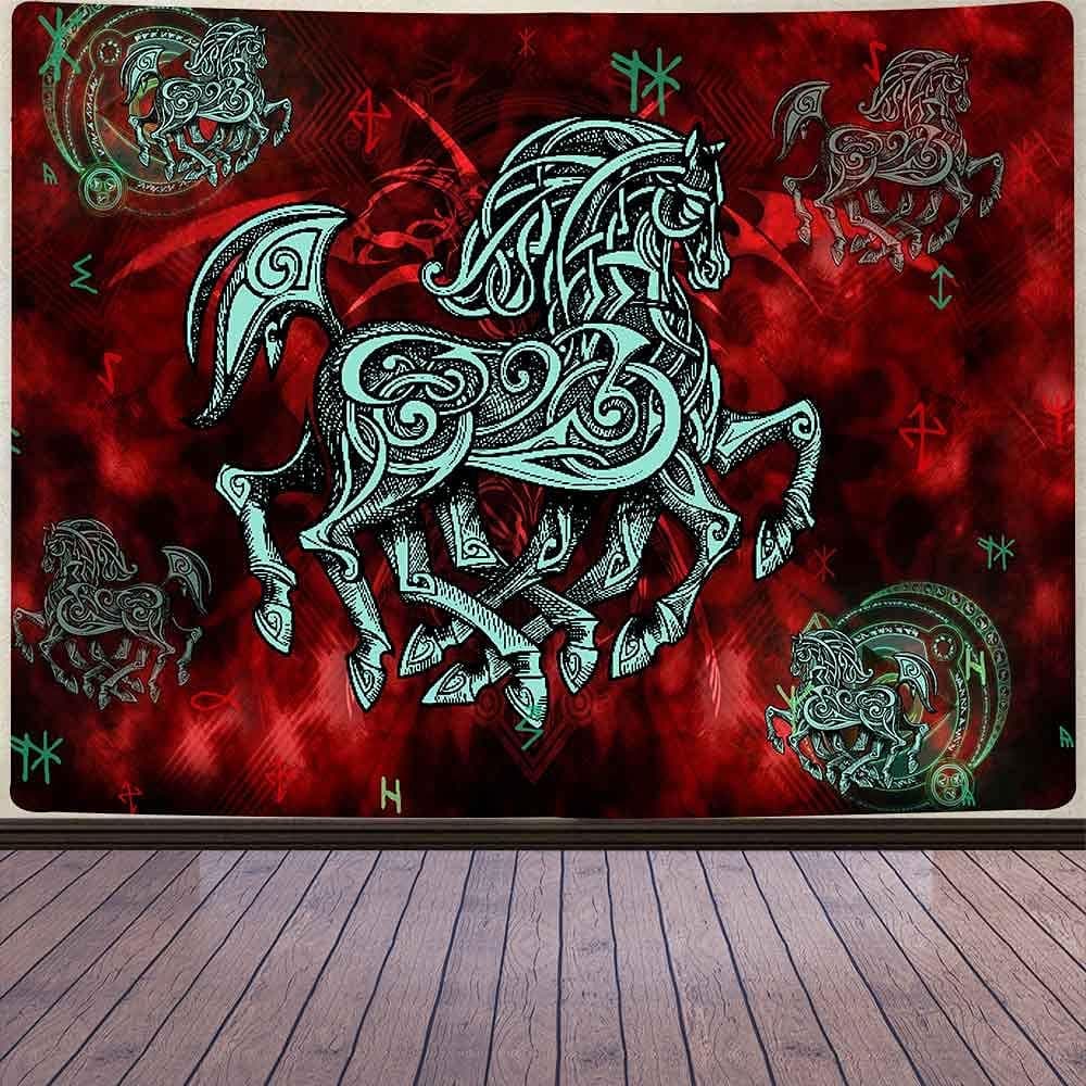 Aidatain Viking Horse Tapestry Norse Mythology Wall Hanging Aesthetic Gothic Red Green Runes Animal Flannel Large Size 80" 60" Tapestries for Men BedroomLiving Room Dorm Home GTWHAT494