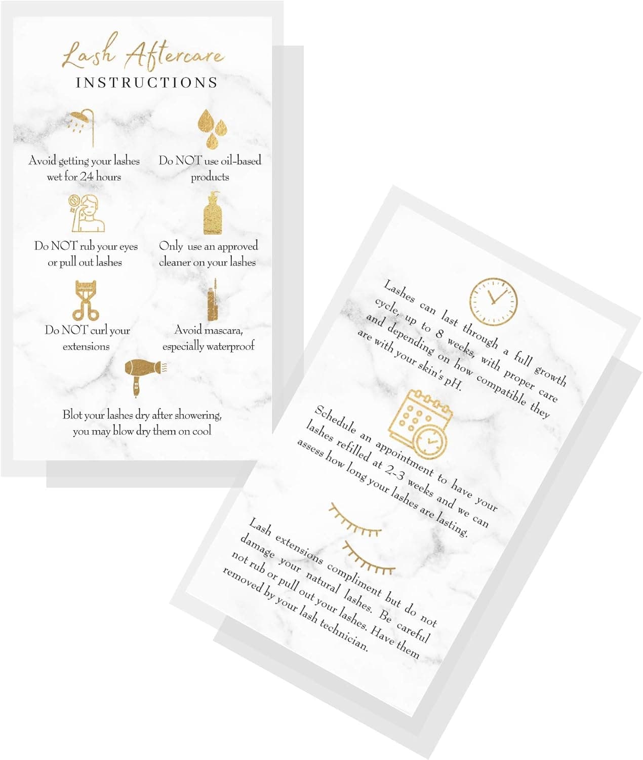 Lash Extension Aftercare Instructions Cards | 50 Pack | Double Sided Size 3.5 x 2" inches After Care (2-3 Week Fillers) | Marble Look with Gold Icons Design