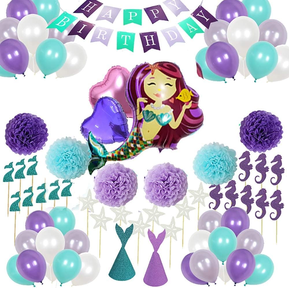 Mermaid Decorations Party Supplies，Birthday Decorative Balloon,Happy Birthday Banner, Mermaid Foil Balloon Decorations Party Decorations for Girls Birthday Party, Baby Shower, Bridal Shower Decorations-76Pcs
