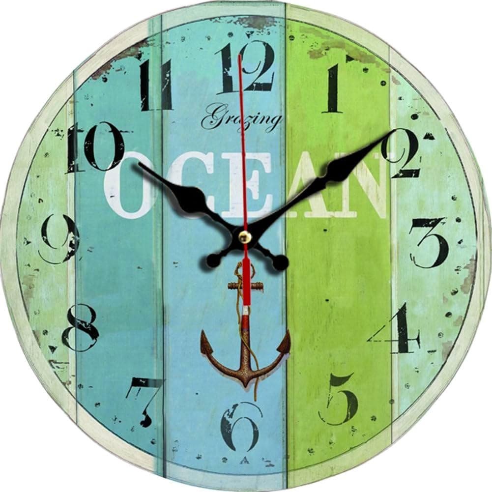 Grazing 12" Vintage Roman Numeral Design Rustic Country Tuscan Style Wooden Decorative Round Wall Clock (Ocean02)
