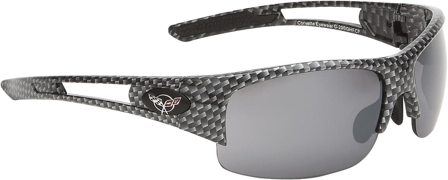 CORVETTE EYEWEAR's C5 logo Rx capable series carbon fiber rimless frame, micro fiber carrying bag,+ BONUS extra smoke lens set.