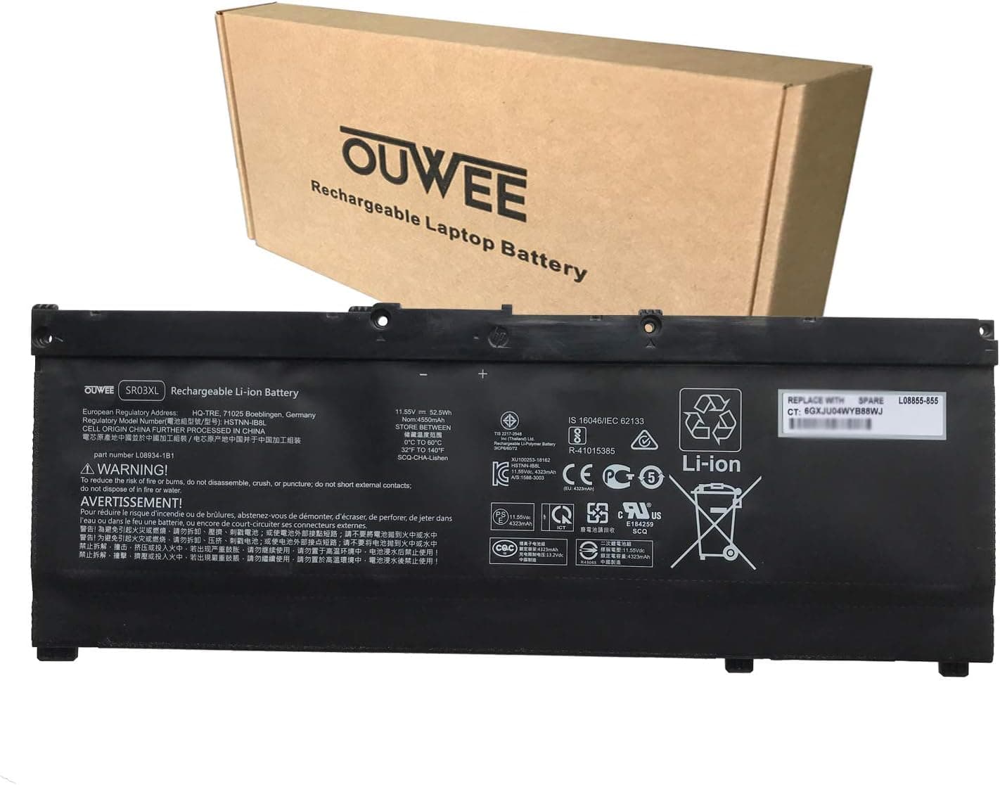OUWEE HSTNN-IB8L SR03XL Laptop Battery Compatible with Hp Pavilion 15-CX00 Envy x360 15-cn0000 17-bw0000 Series HSTNN-DB8Q L08934-2C1 L08934-1B1 L08855-855 11.55V 52.5Wh 4550mAh
