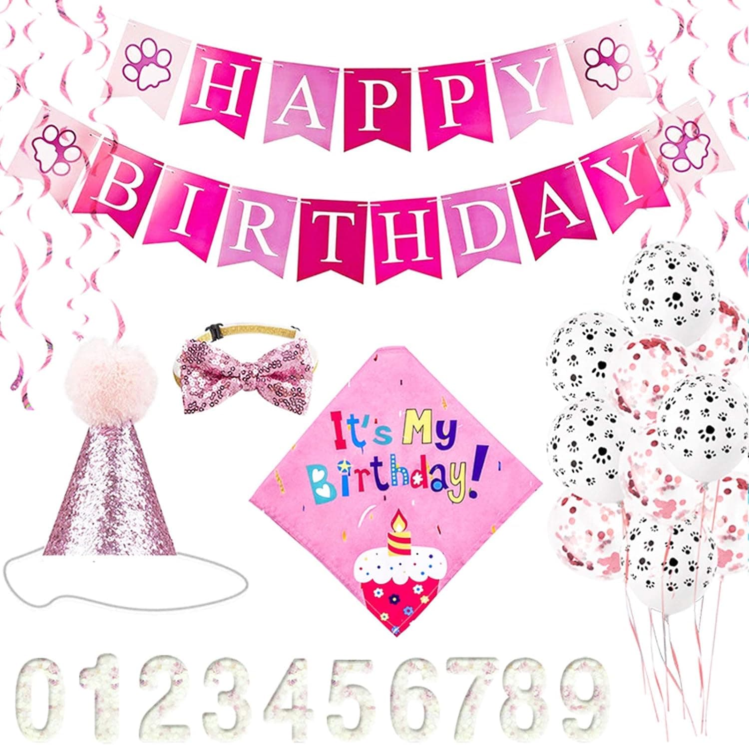Pet Birthday Party Decorations for All Dogs,Cats,Cute Party Supplies With Balloon,Bandana,Hat,0-9 Figures