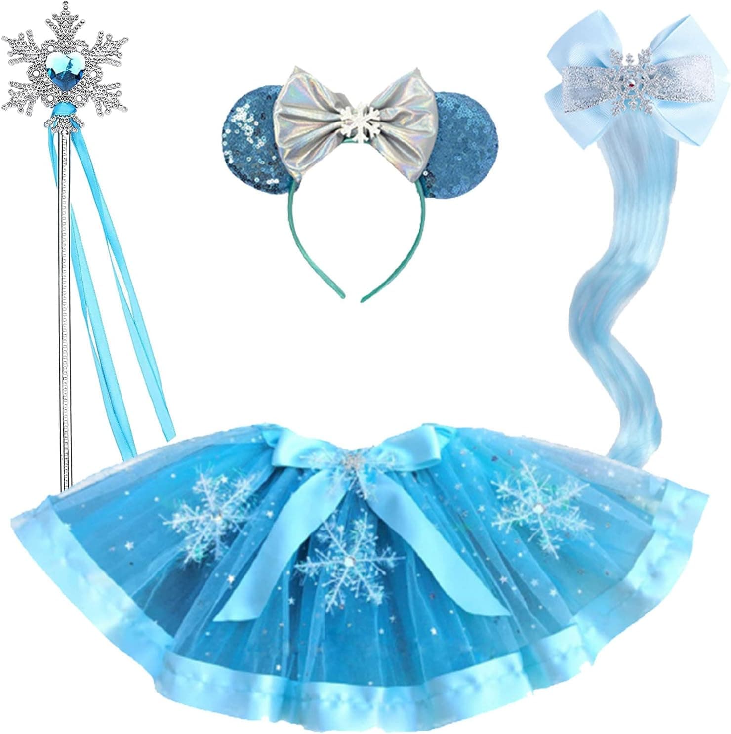 JOPARY Frozen Themed Girls Princess Costume Party for Birthday，Frozen Birthday Party Supplies Dress Up with Snowflake Hair Clip，Princess wand for 1-6Years