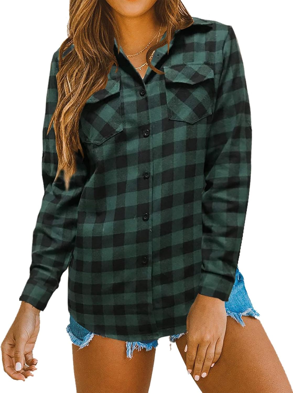 Womens Casual Cuffed Long Sleeve Boyfriend Button Down Plaid Flannel Shirt Tops