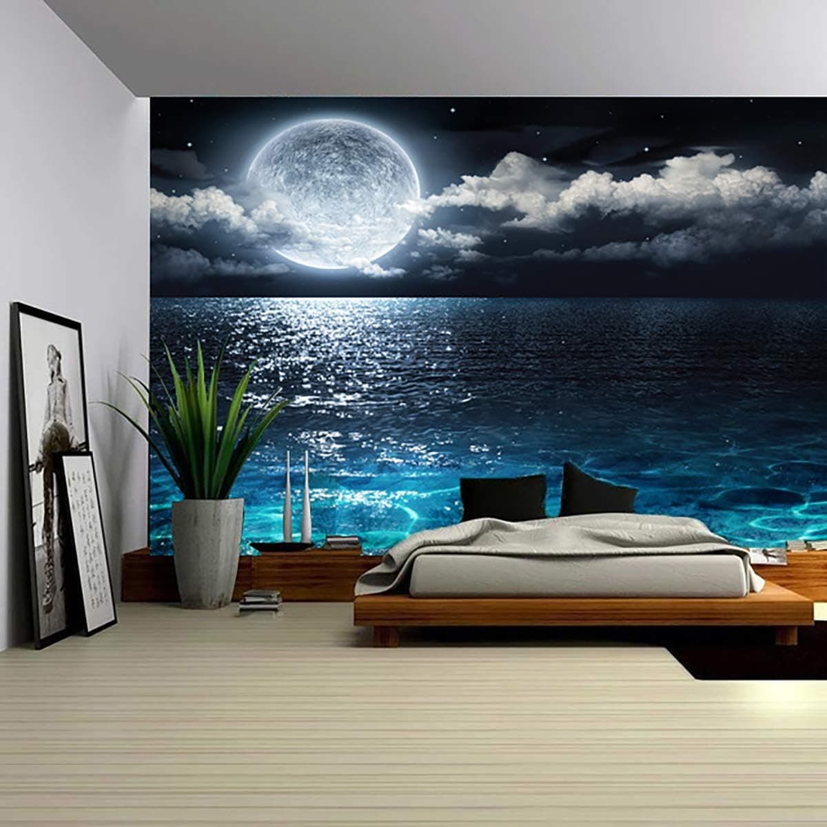 Tapestry Wall Hanging 3D Retro Blue Sea Moon Tapestries Summer Night Sky Blanket Cool Scenic Landscape Tablecloth for Dorm Door Bedroom Living Room Window Decortive Home Decor 59X79inch(150X200cm)