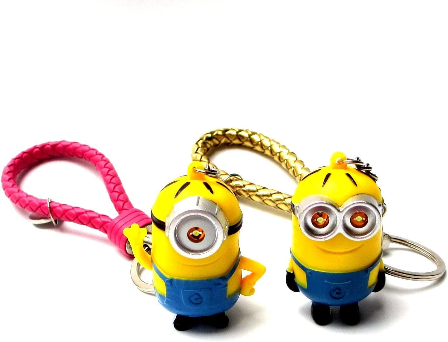 FASHION ALICE 2pcs Hot Movie Minions,Despicable Me, 2.2" Action Figure LED Keychain Ring,Pendant,Accessories,Christmas valentine Gift,Hide Rope ,I Love You Sound Effects (gold and mei red)