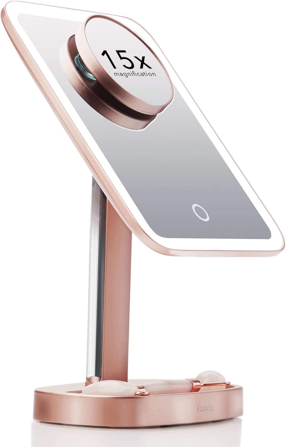 Fancii LED Makeup Vanity Mirror with 3 Light Setting and 15x Magnifying Mirror - Choose Between Soft Warm, Natural Daylight, or Neutral White Lights - Dimmable Cosmetic Mirror - Aura (Rose Gold)