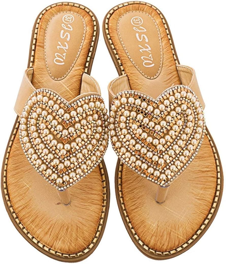 Women's Summer Beach Thong Flat Sandals Bohemian Heart Beaded Sparkle Flip Flops Shoes