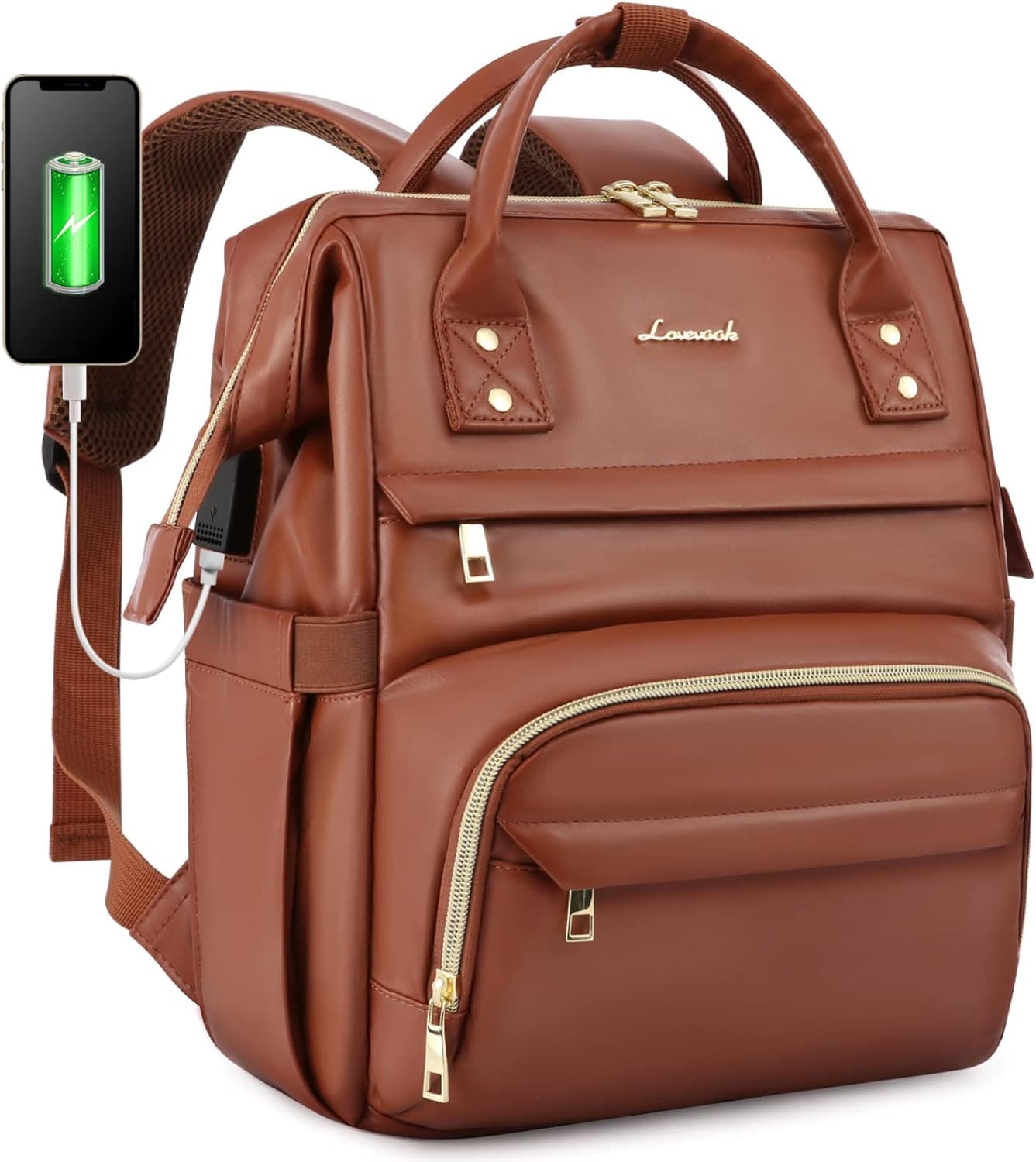 Laptop Backpack for Women, Fashion Teacher Backpack Work Bag with USB Charging Port, 14 Inch Travel Bags Business Computer Purse Bookbag, PU Leather-Brown