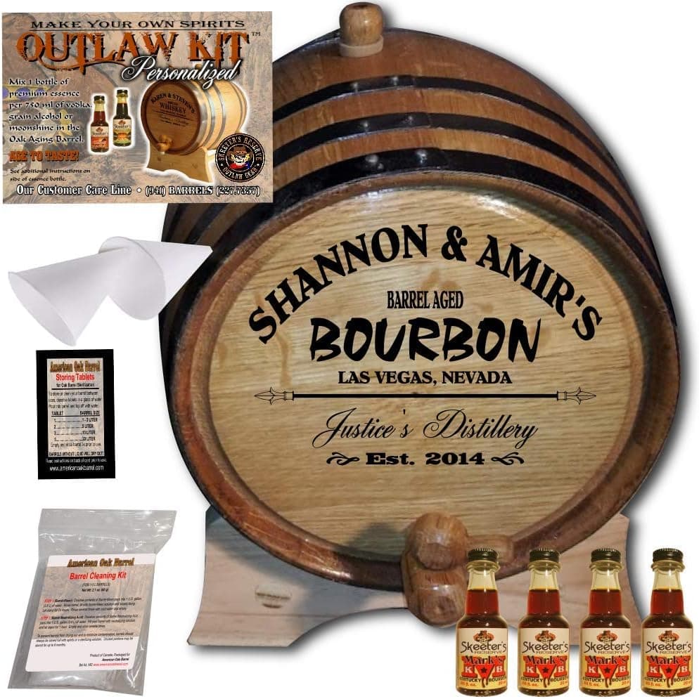 Personalized Whiskey Making Kit (062) - Create Your Own Mark's Kentucky Bourbon Whiskey - The Outlaw Kit from Skeeter's Reserve Outlaw Gear - MADE BY American Oak Barrel - (Oak, Black Hoops, 3 Liter)