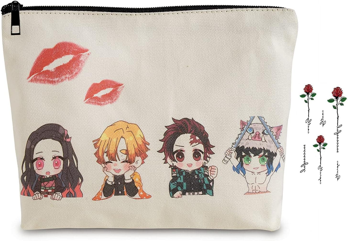 FSRONGXI Anime Nezuko Cosmetic Bag Anime Make up Bags with Rose Tattoo Stickers Cosplay Gift Zipper Pouch Bag for Girls
