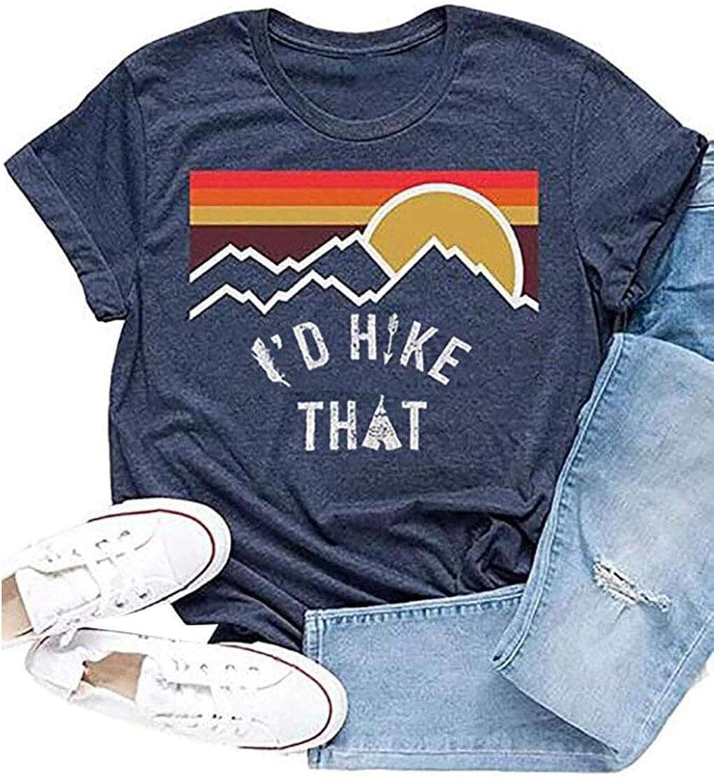 Women Hiking Mountain T-Shirt I'd Hike That Sunset Graphic Tees Letter Print Short Sleeve Tops Shirts (Navy Blue, M)