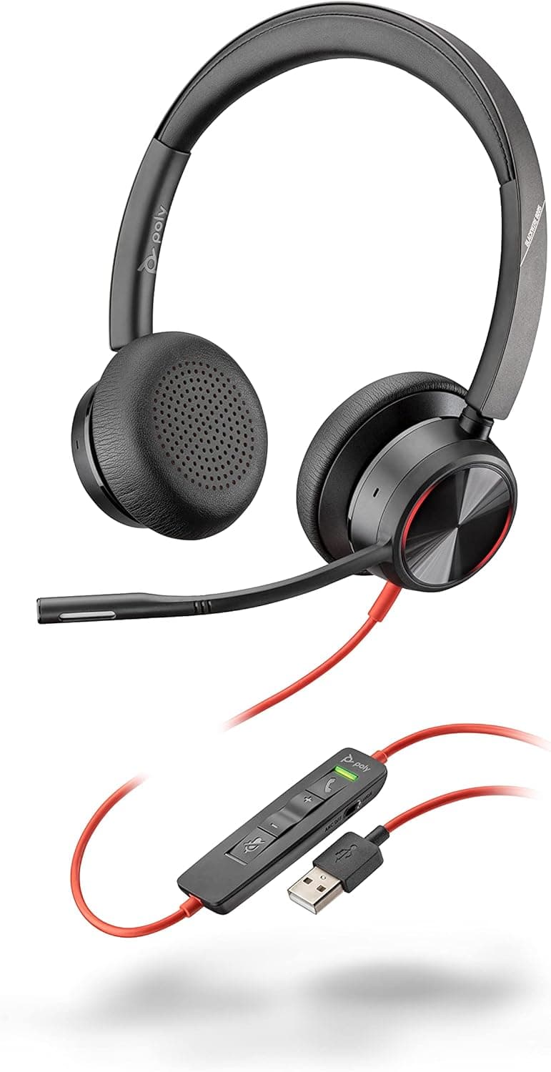 Poly - Blackwire 8225 Wired Headset with Boom Mic (Plantronics) - Dual-Ear (Stereo) Computer Headset - USB-A to Connect to Your PC/Mac - Active Noise Canceling - Works with Teams, Zoom & More