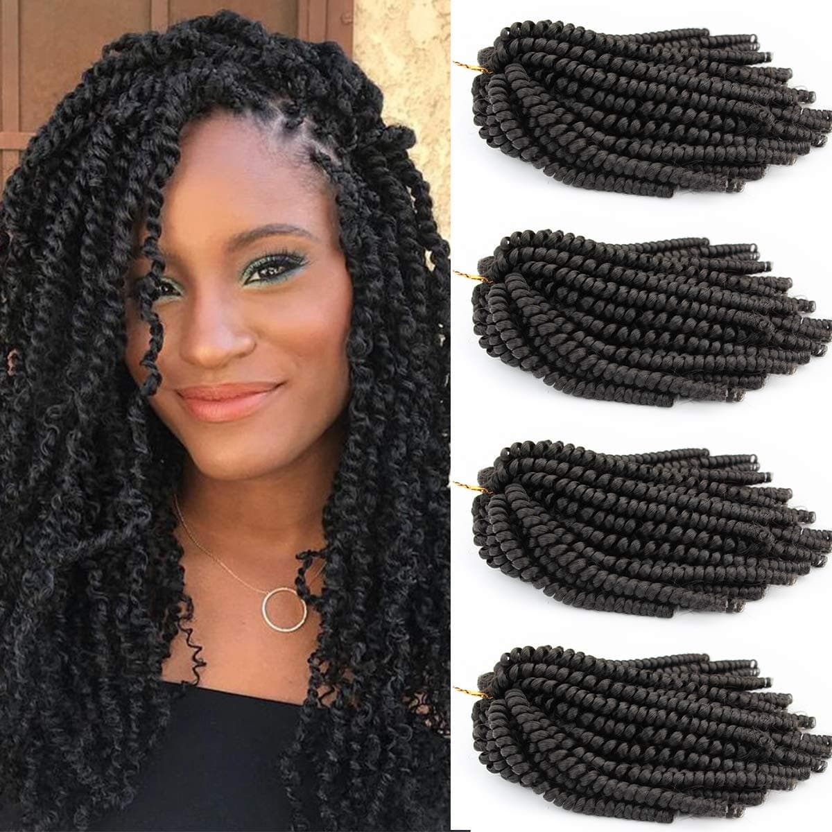 4Pcs Spring Twist Crochet Hair 8 inches Nubian Twist Braiding Hair Crochet Braids Synthetic Hair Bomb Twist Braiding Hair Extensions #1B