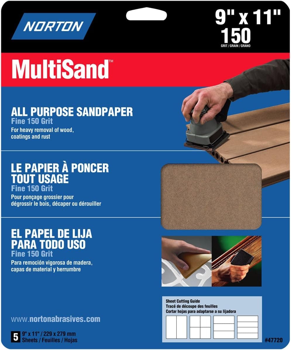 Norton 47720 Multi-Sand Sandpaper 150 Grit, 9-Inch x 11-Inch, 5-Pack