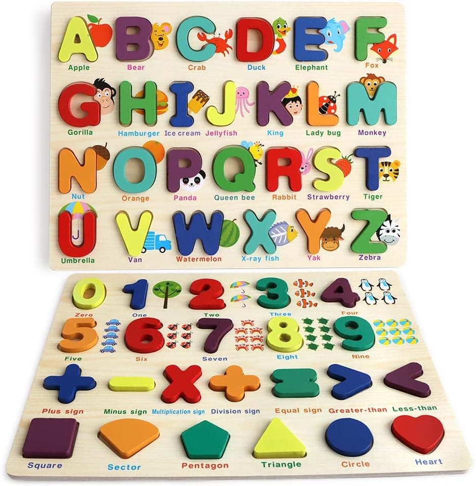 Wooden Puzzles for Toddlers, 2 Pack Wooden ABC Alphabet Number Shape Puzzles Toddler Toys for Kids Age 1-3 Years Boys and Girls, Educational Preschool Learning Letter Number Shape Toys 1 2 3 4 Years