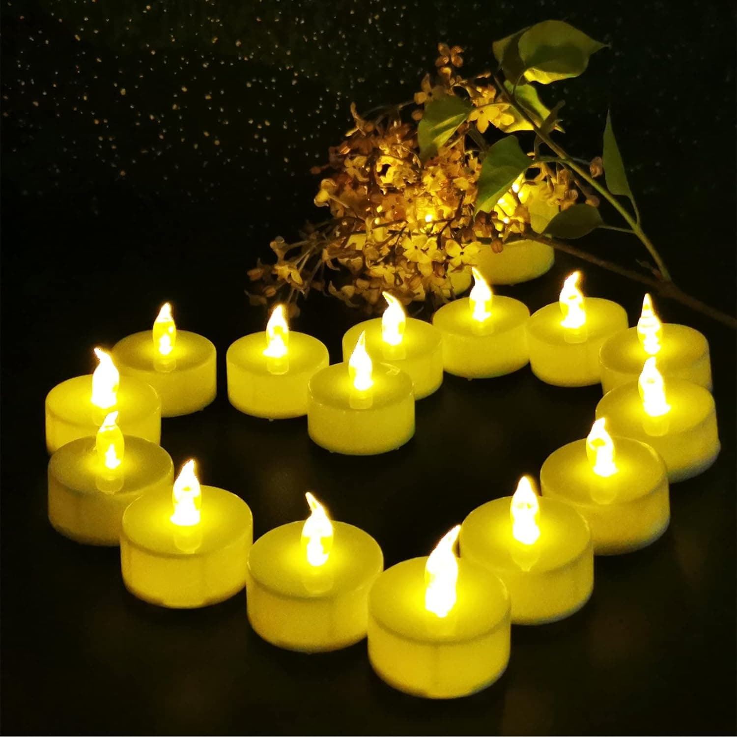 meSiYacu Battery Operated Tea Lights, LED Tea Lights,Realistic Tea Lights Candles, Flickering Electric Tealights Candles, Flameless Tea Candles, Decoration for Christmas&Wedding [24 Pack](Yellow)