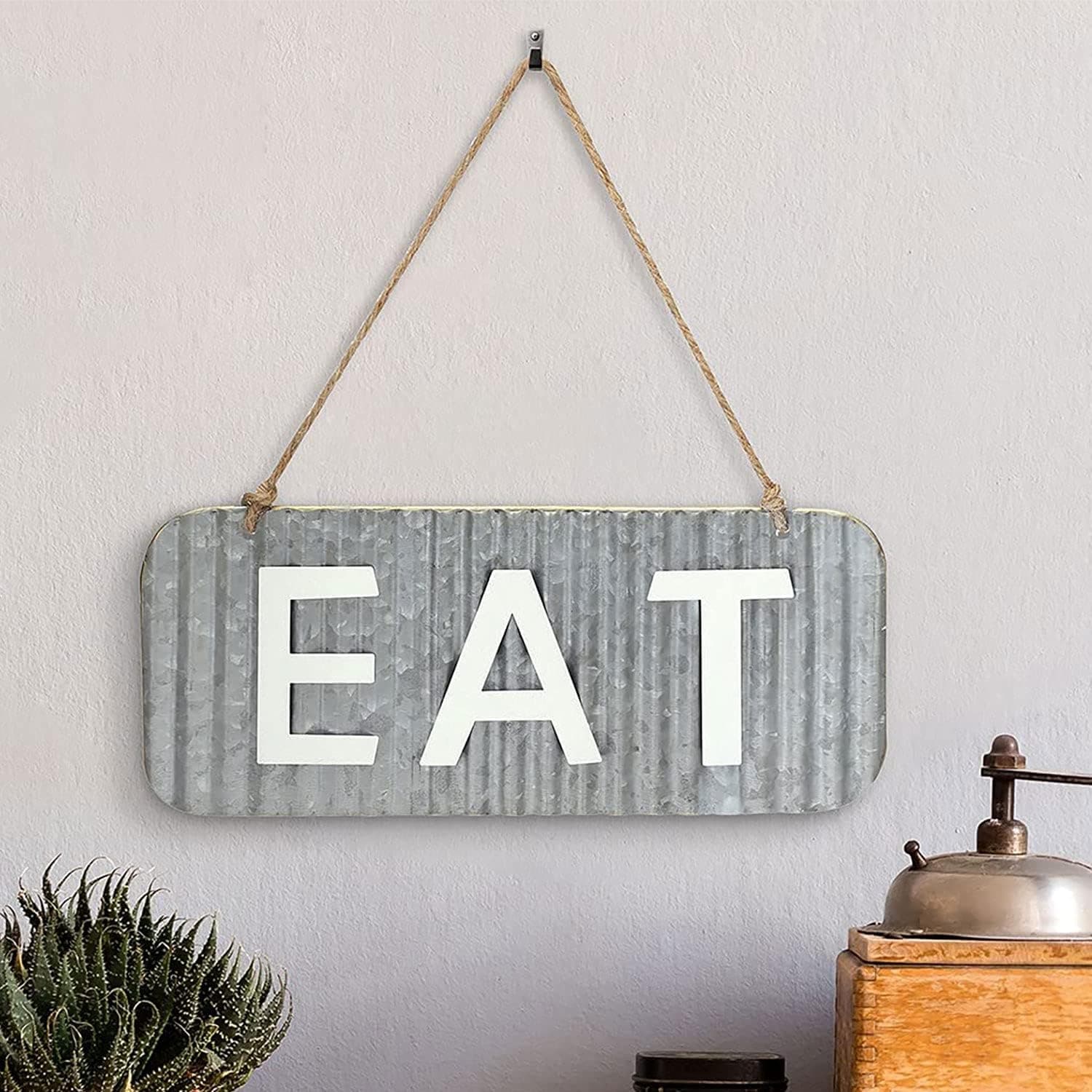 MyGift Wall-Mounted Wall Decor EAT Sign with Corrugated Galvanized Metal and Hanging Rope