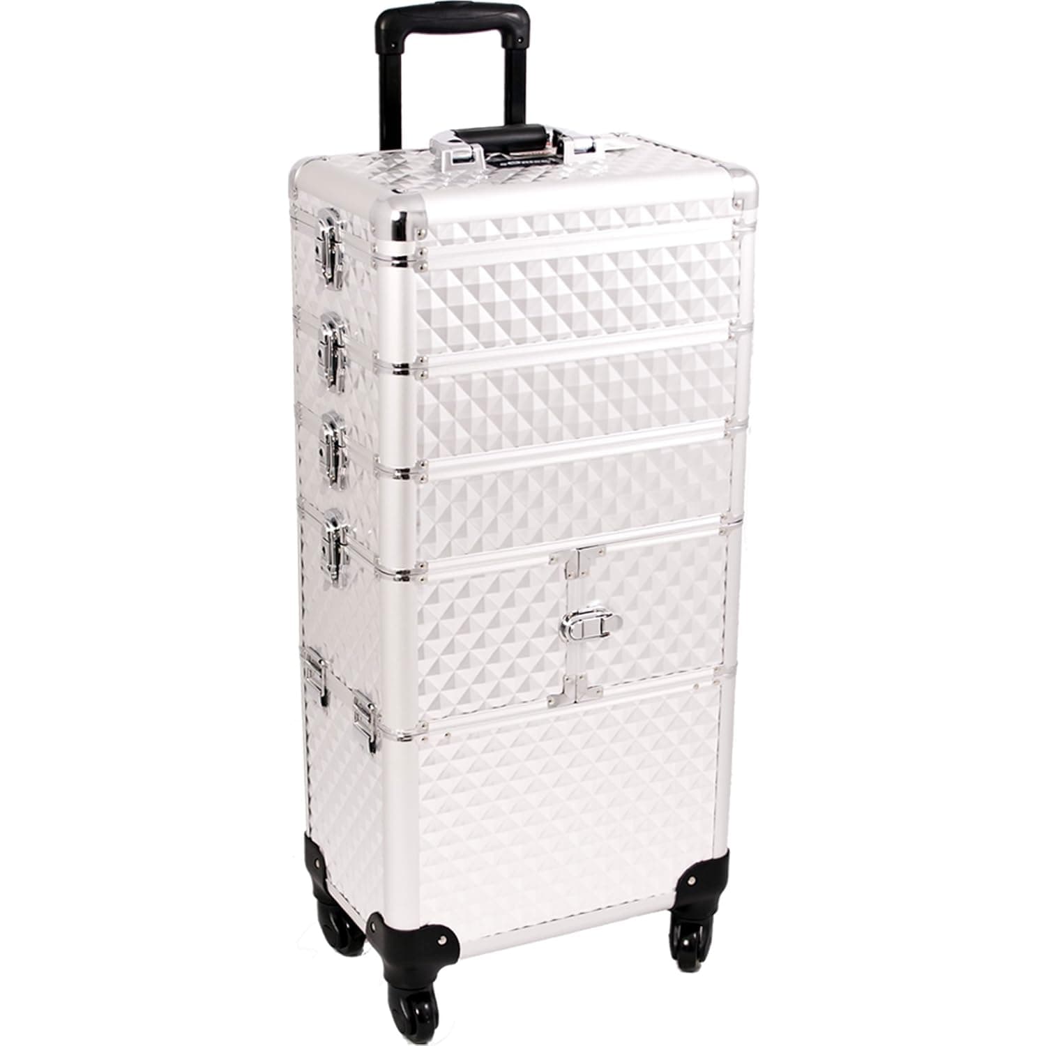 SUNRISE Makeup Rolling Case 4 in 1 Professional Organizer I3364 Aluminum, 3 Stackable Trays and Two 3 Tier Trays, 4 Wheel Spinner, Silver Diamond
