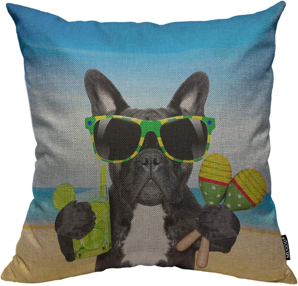 Mugod Cool Dog Throw Pillow Cover Brazil French Bulldog Dog for Sunglasses Enjoying a Cocktail at Beach on Summer Decorative Square Pillow Case for Home Bedroom Living Room Cushion Cover 18x18 Inch