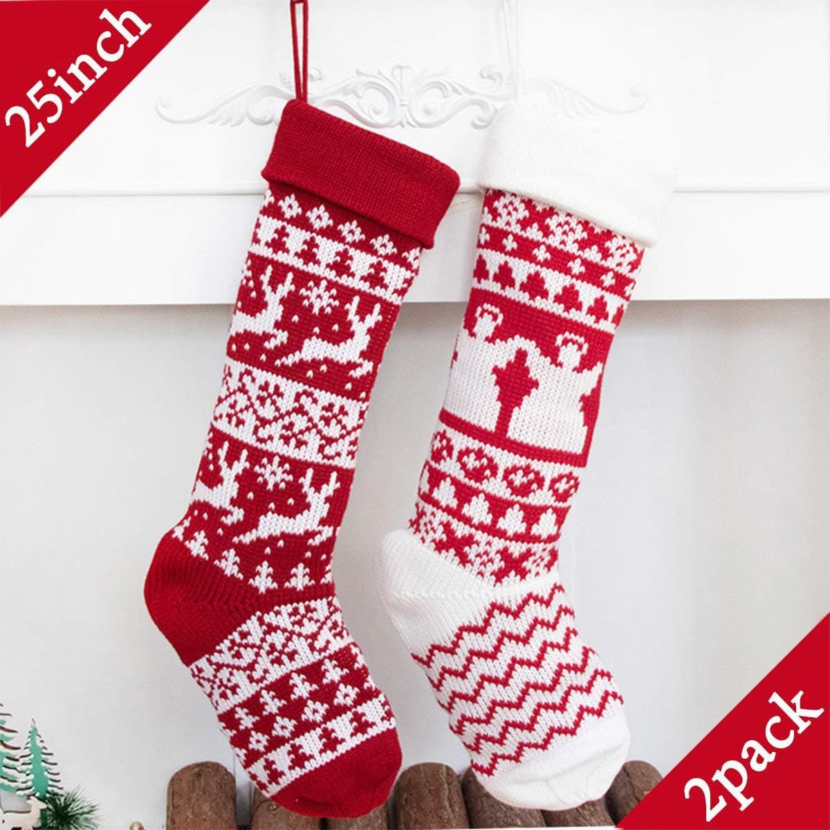 Beyond Your Thoughts 2019 New Knitted Christmas Stockings (25 Inch) Extra Large Ornament Decorations for Family Holiday Season Decor Christmas Bags Deer and Gingerbread Man(2 Pack)