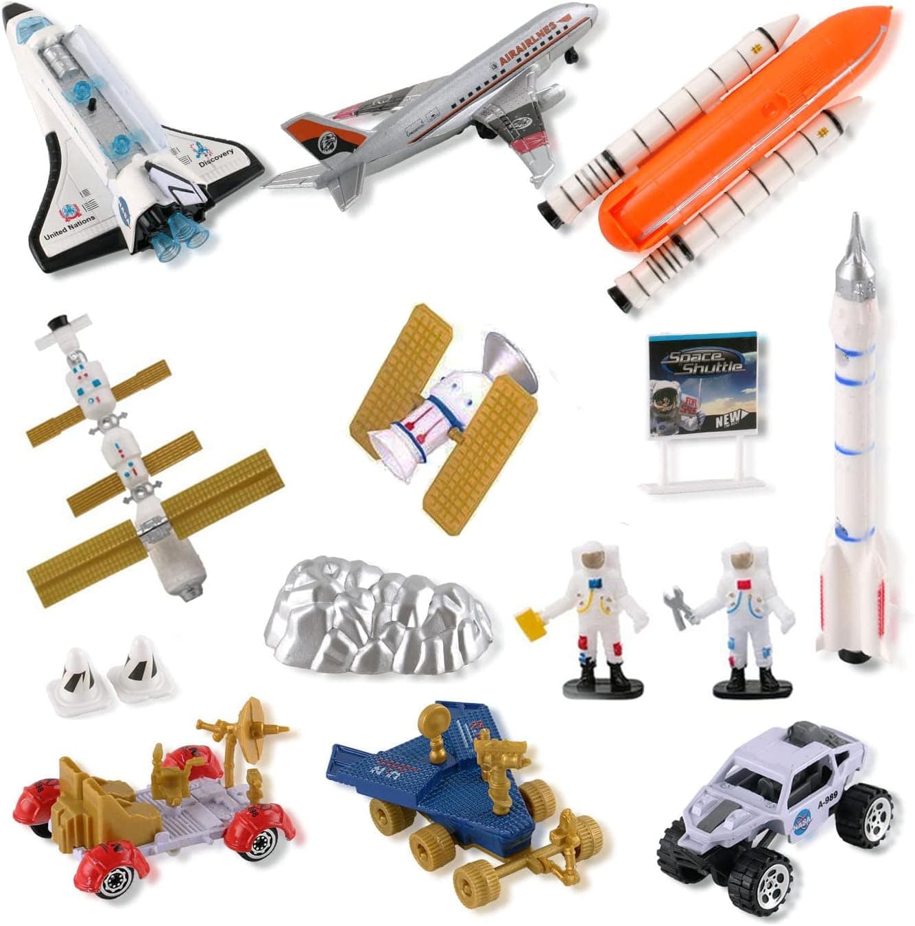 Space Shuttle Exploration Toy Playset - Kids Aerospace Space Station with Diecast Alloy Spaceshuttle, Fuel Tank, Rocket, Rovers, Airplane, Vehicles, Satellites, Astronaut Figures & Accessories