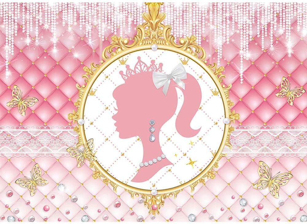 Maijoeyy 7x5ft Pink Girl Birthday Backdrop Gold Mirror Glamour Backdrop for Girls Birthday Party Jewelry White Bead Curtain Girl Backdrops for Party Decorations
