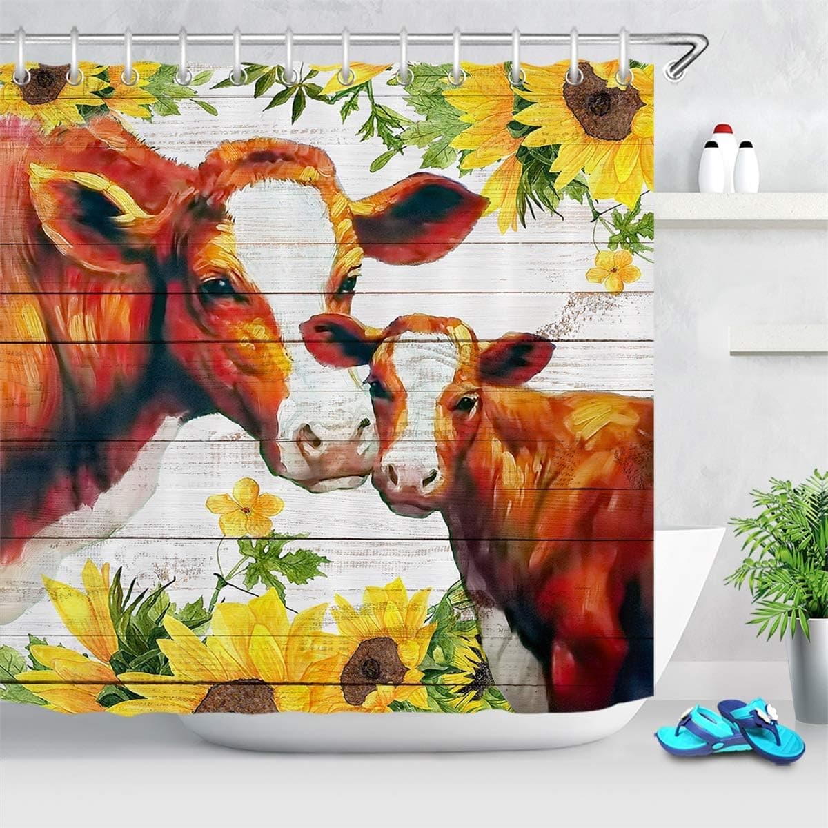 HVEST Farmhouse Cow Shower Curtain,Cattle with Sunflower on Rustic Wooden Board,Watercolor Flower Rustic Animal Bathroom Decor Fabric Machine Washable Hooks Include 69X70Inch
