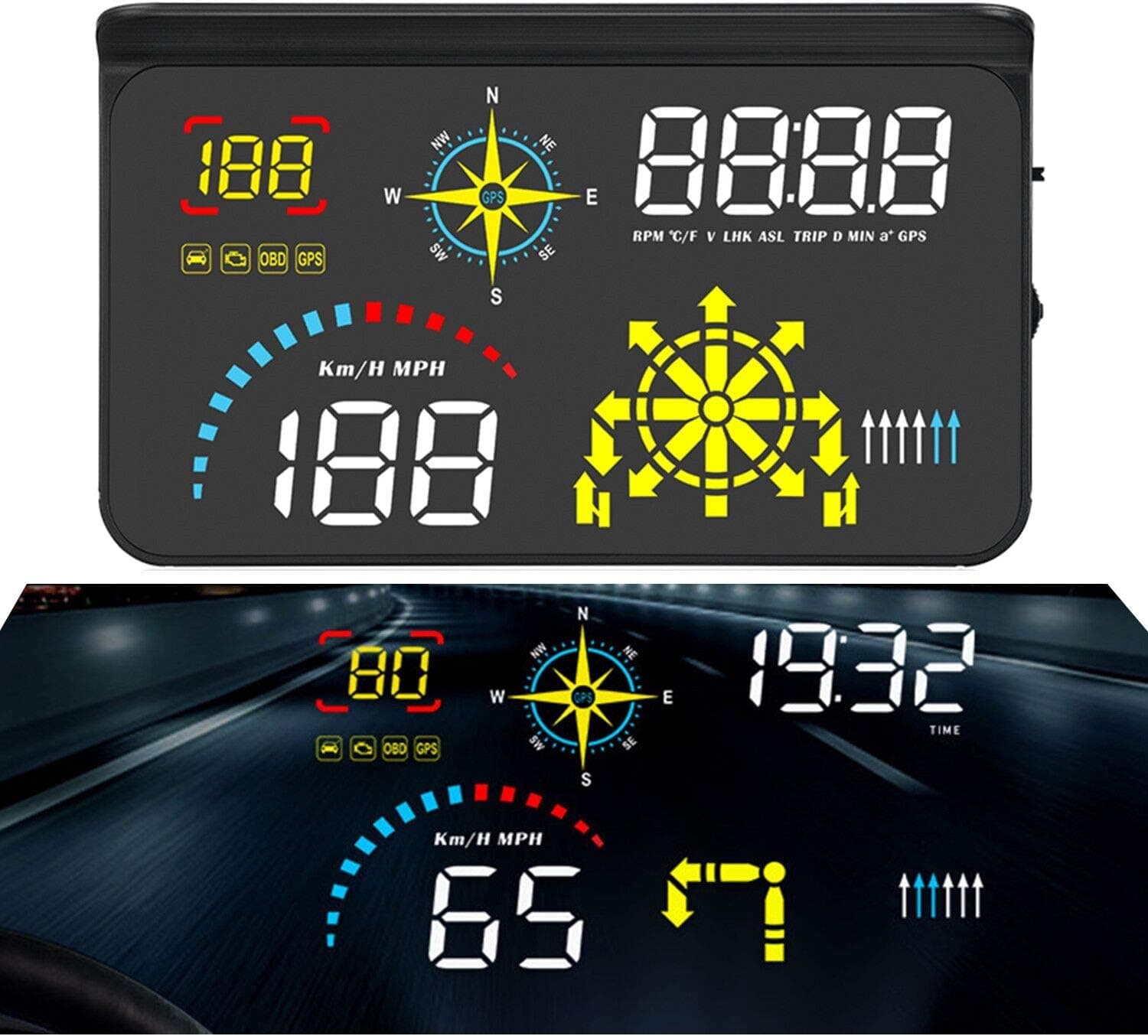 Ecoolbuy Upgrade Q10 Car Universal Navigation Version HUD 5.5"HD Screen Head Up Display OBD II/GPS Dual System Support Google Map, OverSpeed Warning Timer Compass Engine RPM,Mileage, etc